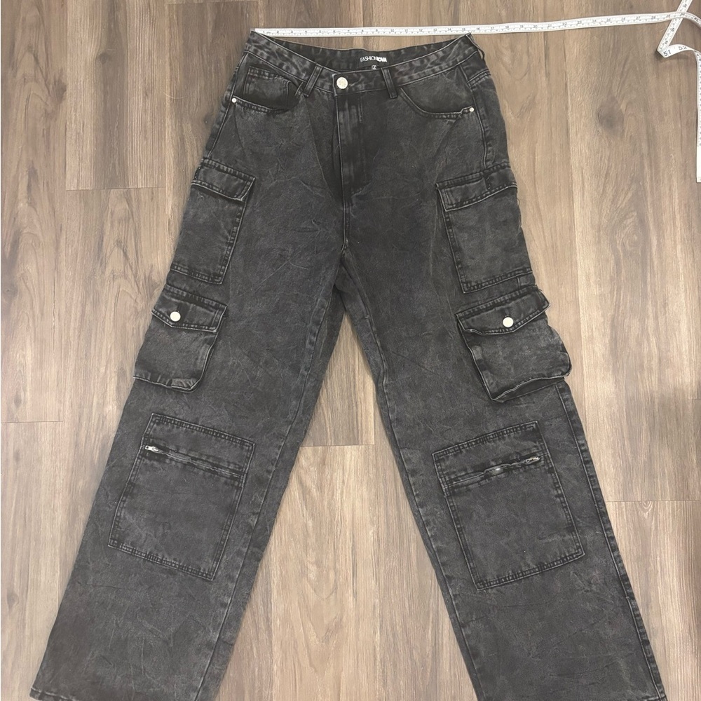 Fashion Nova Women's Washed Black Wide Leg Cargo Pants